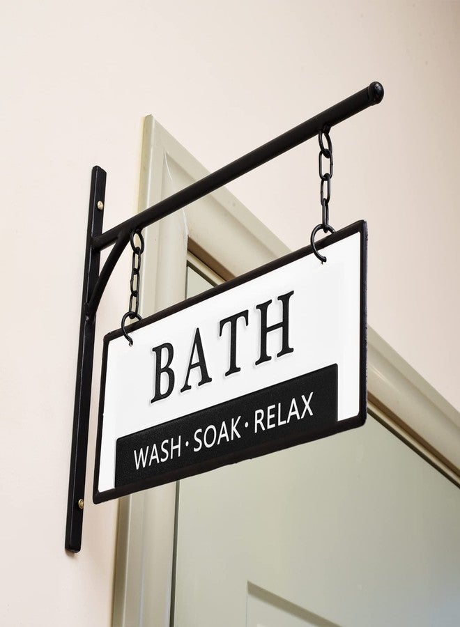 MACVAD Double-Sided Bathroom Door Hanging Sign, Embossed Black on White Enamel Metal Sign with Bracket, Modern Farmhouse Bathroom Wall Decor - Image 4